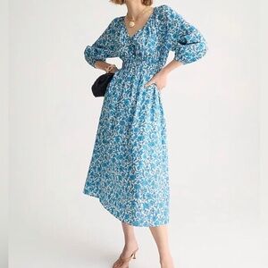 JCREW V Neck Puff Sleeve Midi Dress Blue Bloom Floral Print Prairie Cottagecore